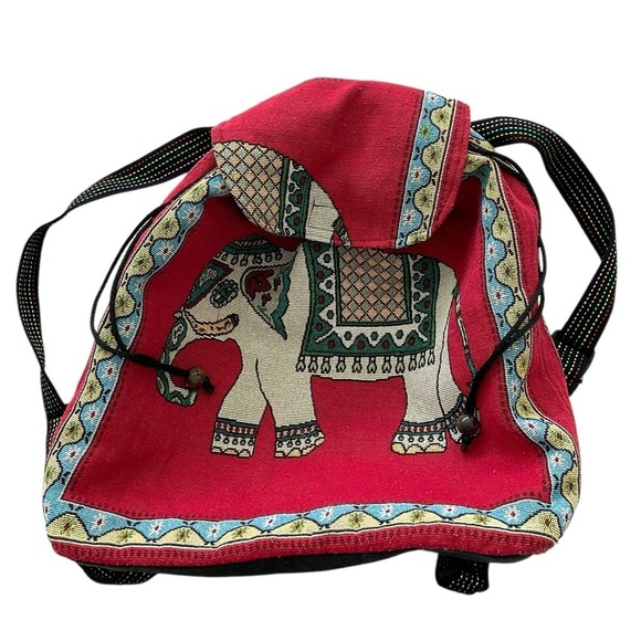 Tibetan Elephant Backpack Drawstring LARGE Red Multicolor Colorful - Picture 7 of 12